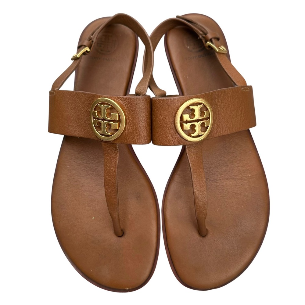Tory Burch Brown Leather Slingback Thong Sandals Gold Medallion Emblem Size 9M